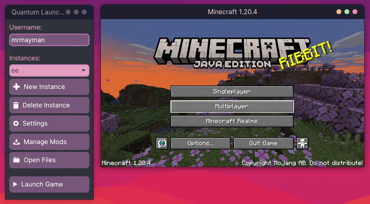 A image showing the window of quantum launcher along with minecraft to its side