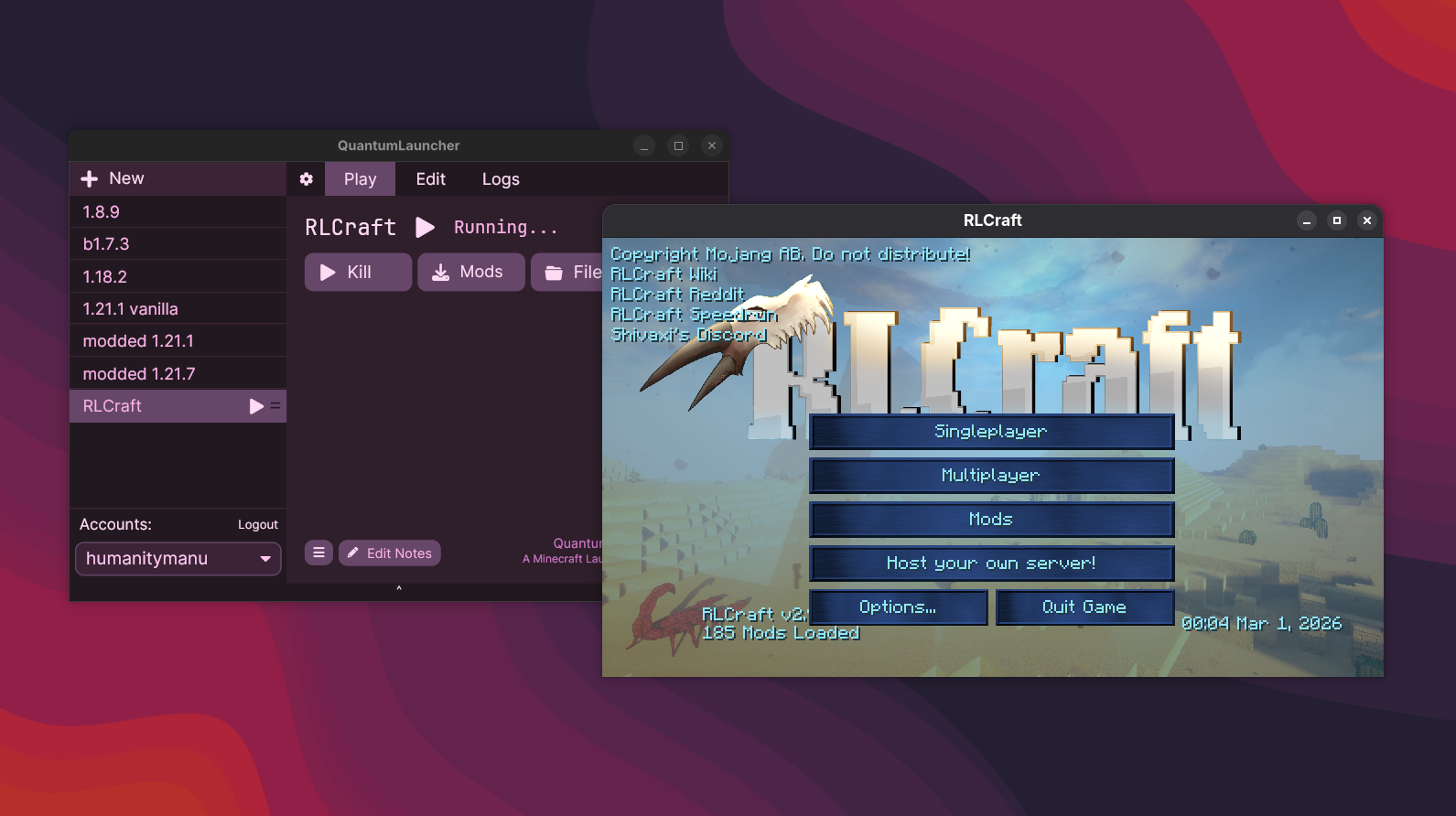 A image showing the window of quantum launcher along with minecraft to its side
